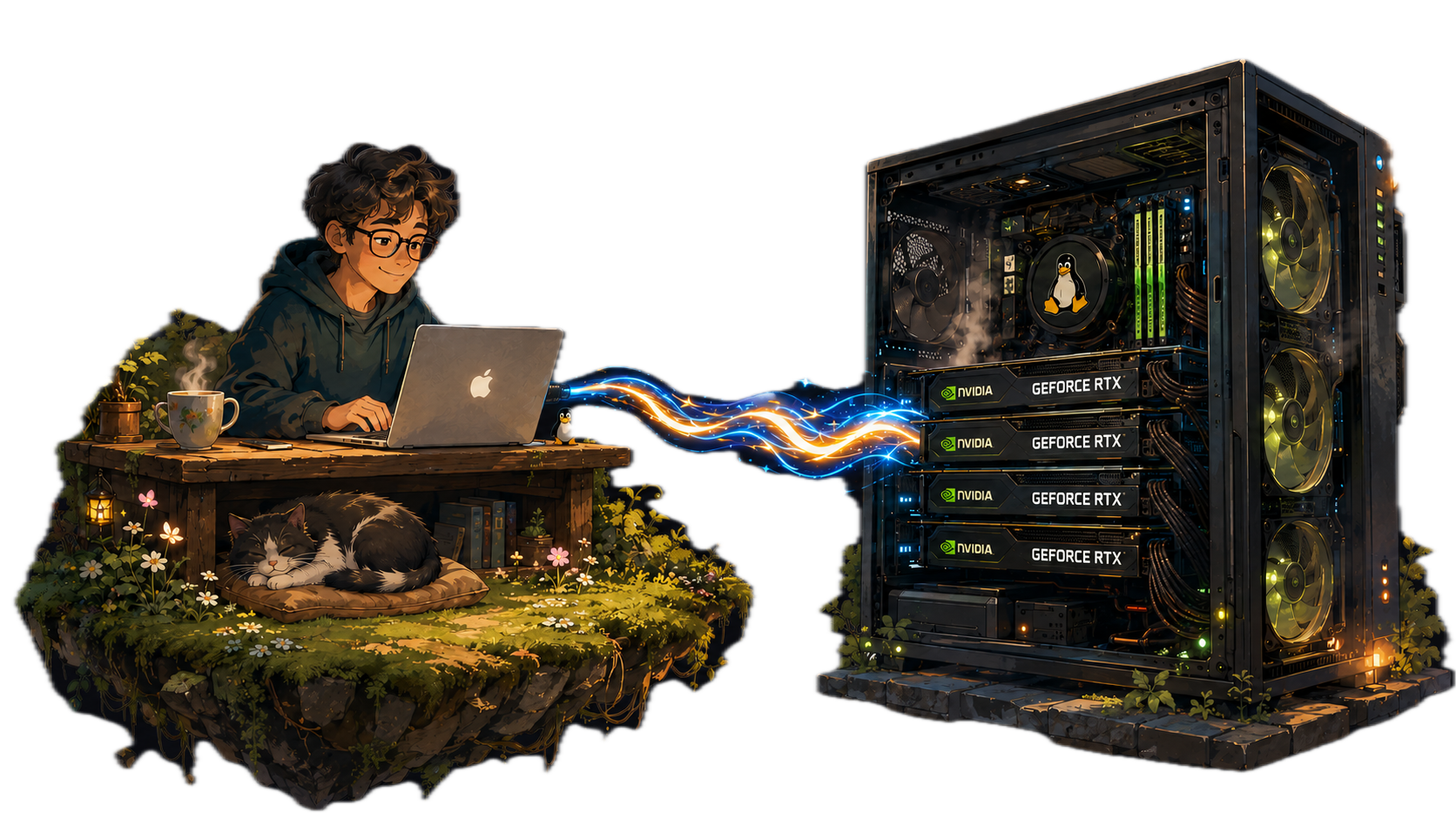A developer at a cozy floating-island desk with a laptop, a sleeping cat and flowers, joined by a glowing stream to a floating GPU tower running Linux